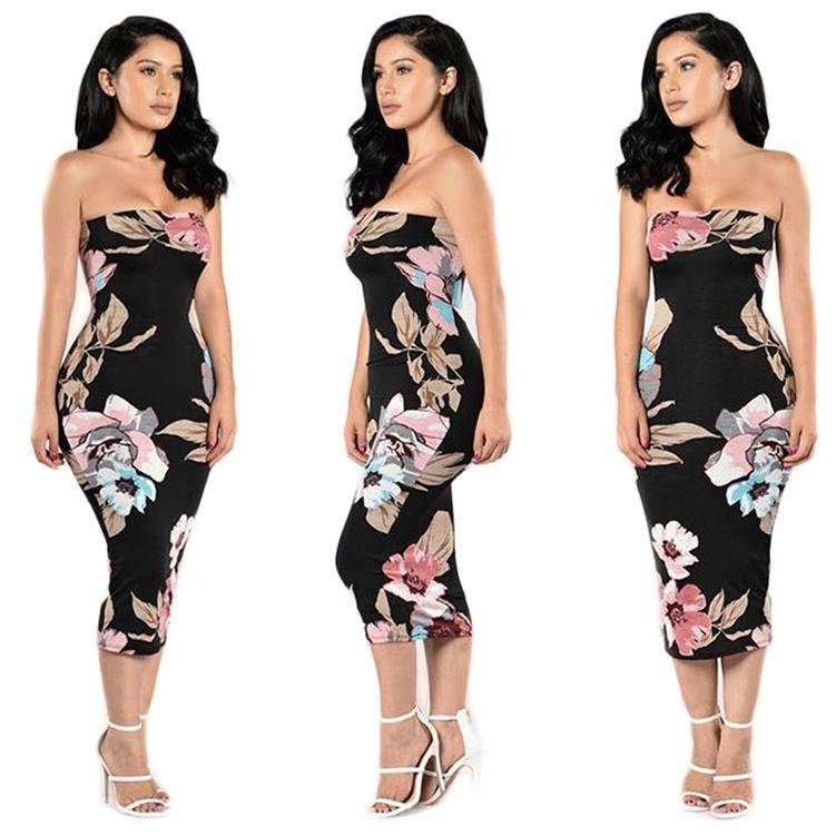 DRESSES/DRESS/SUMMER DRESS/WOMENS SUMMER PRINTED FLORAL STRAPLESS BLACK MID-CALF PENCIL DRESS