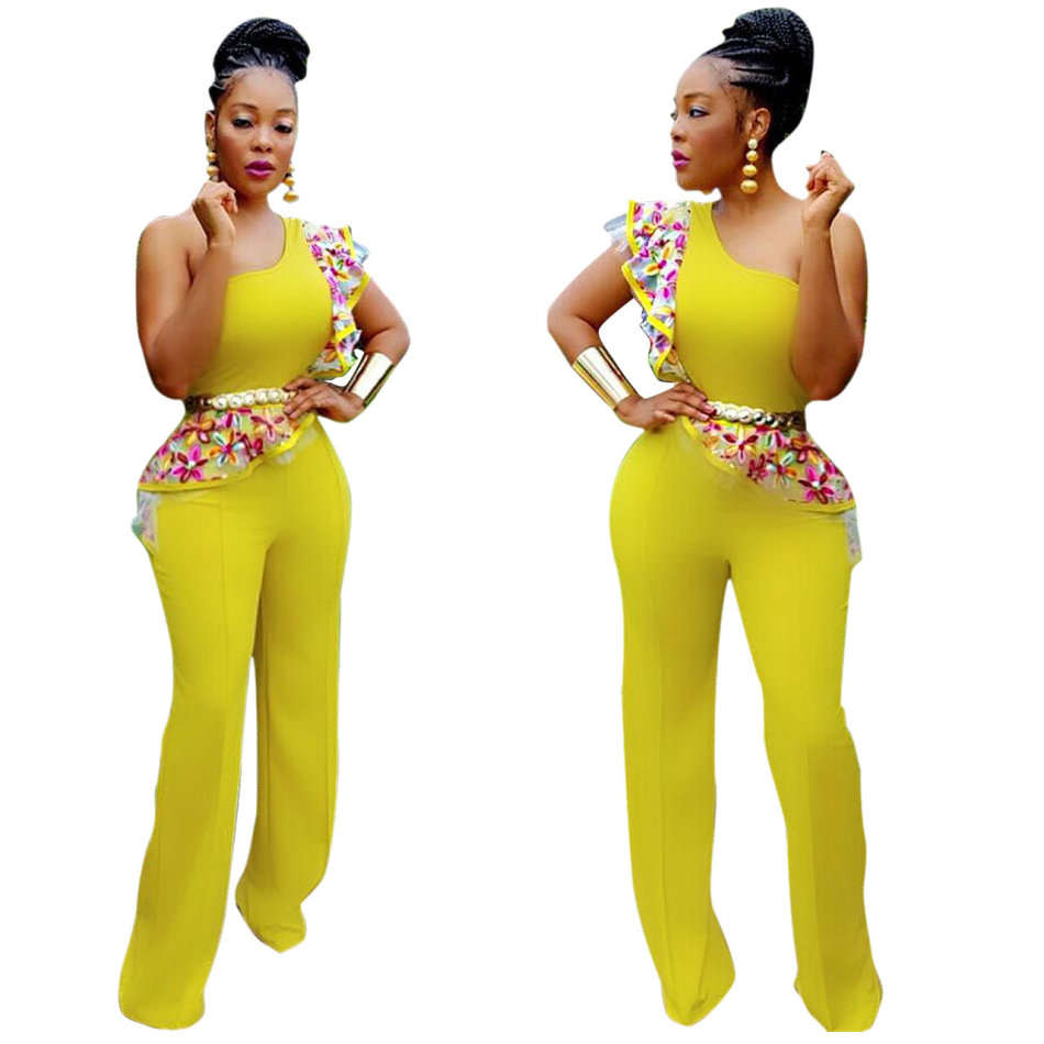 JUMPSUITS/JUMPSUIT/WOMENS JUMPSUIT/RUFFLE JUMPSUIT/YELLOW ONE SHOULDER FLORAL LACE RUFFLE JUMPSUIT