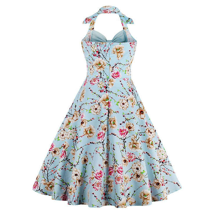 DRESSES/DRESS/ROCKABILLY DRESS/VINTAGE DRESS/SKY BLUE VINTAGE SWEETHEART FLORAL PRINT HALTER DRESS