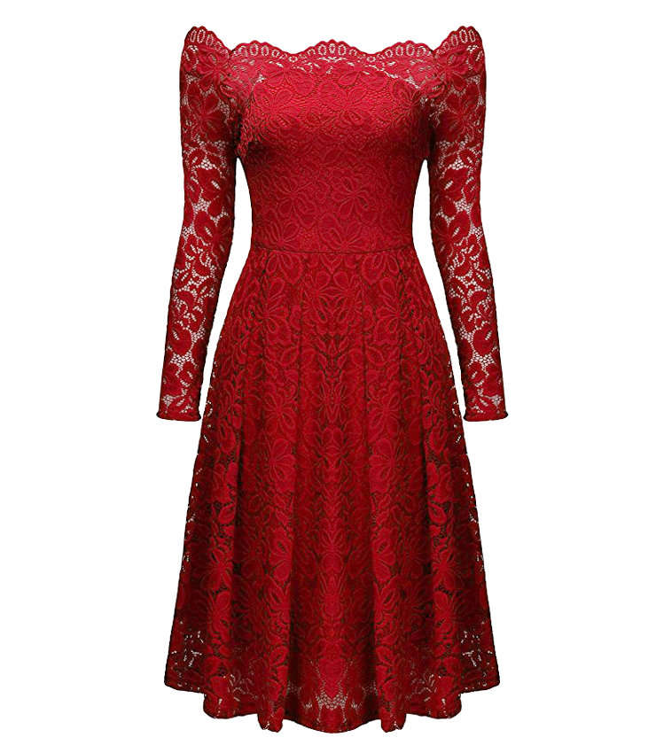 DRESSES/DRESS/FORMAL DRESS/LACE DRESS/RED VINTAGE OFF SHOULDER FLORAL LACE FORMAL PARTY DRESS