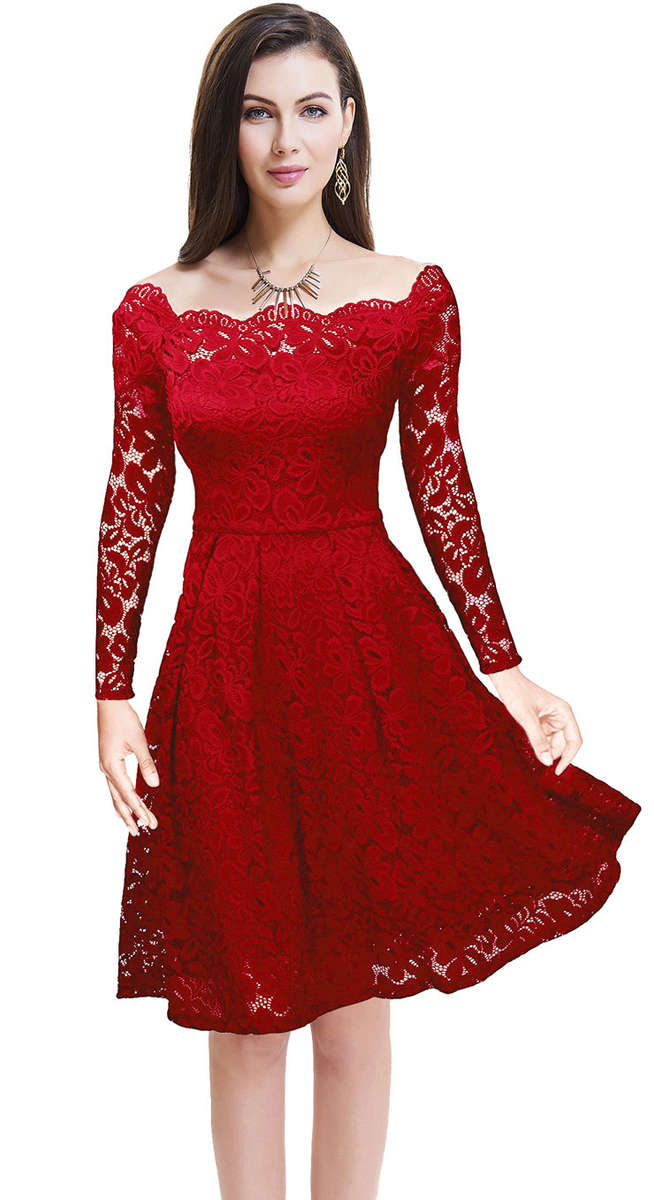 DRESSES/DRESS/FORMAL DRESS/LACE DRESS/RED VINTAGE OFF SHOULDER FLORAL LACE FORMAL PARTY DRESS