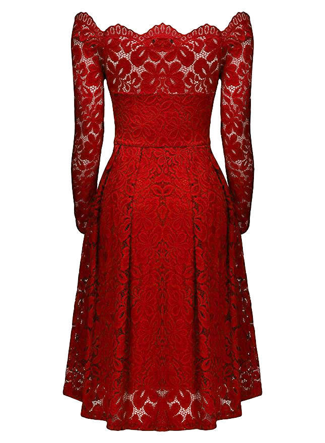 DRESSES/DRESS/FORMAL DRESS/LACE DRESS/RED VINTAGE OFF SHOULDER FLORAL LACE FORMAL PARTY DRESS