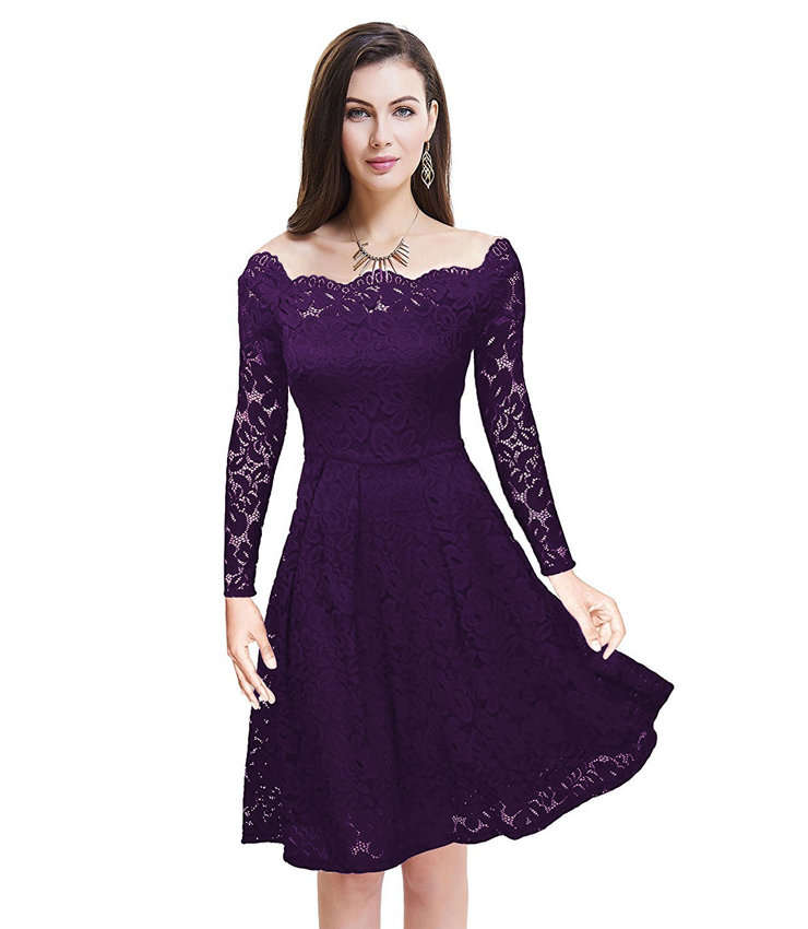DRESSES/DRESS/FORMAL DRESS/LACE DRESS/PURPLE VINTAGE OFF SHOULDER FLORAL LACE FORMAL PARTY DRESS