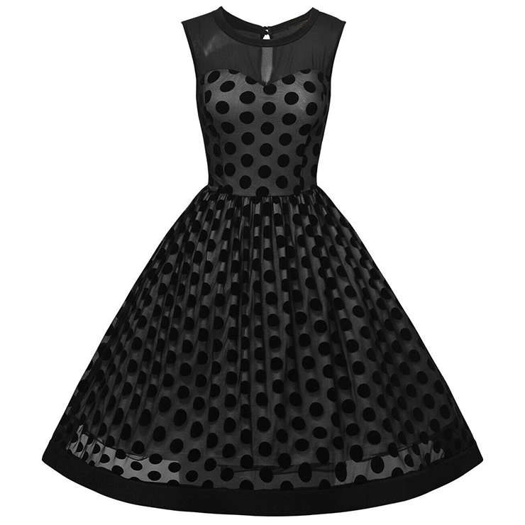 DRESSES/DRESS/ROCKABILLY DRESS/VINTAGE DRESS/1950'S BLACK POLKA DOT PRINT MESH COCKTAIL SWING DRESS
