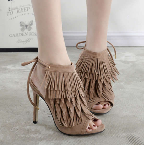 SHOES/WOMENS SHOES/STILETTO SANDALS/BEIGE SANDALS/TASSEL SANDALS/PEEP TOE SANDALS/SUEDE HEELS