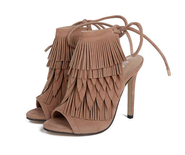 SHOES/WOMENS SHOES/STILETTO SANDALS/BEIGE SANDALS/TASSEL SANDALS/PEEP TOE SANDALS/SUEDE HEELS