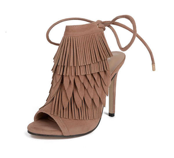 SHOES/WOMENS SHOES/STILETTO SANDALS/BEIGE SANDALS/TASSEL SANDALS/PEEP TOE SANDALS/SUEDE HEELS