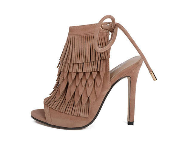 SHOES/WOMENS SHOES/STILETTO SANDALS/BEIGE SANDALS/TASSEL SANDALS/PEEP TOE SANDALS/SUEDE HEELS
