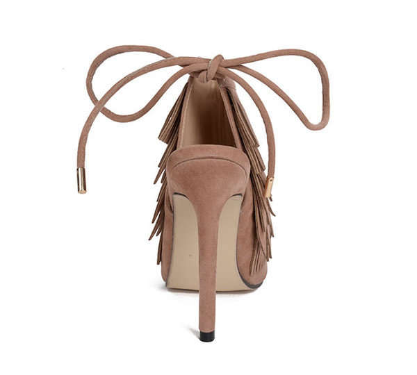 SHOES/WOMENS SHOES/STILETTO SANDALS/BEIGE SANDALS/TASSEL SANDALS/PEEP TOE SANDALS/SUEDE HEELS