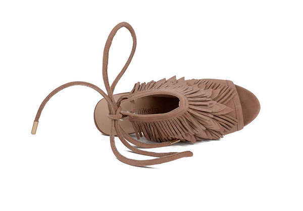 SHOES/WOMENS SHOES/STILETTO SANDALS/BEIGE SANDALS/TASSEL SANDALS/PEEP TOE SANDALS/SUEDE HEELS