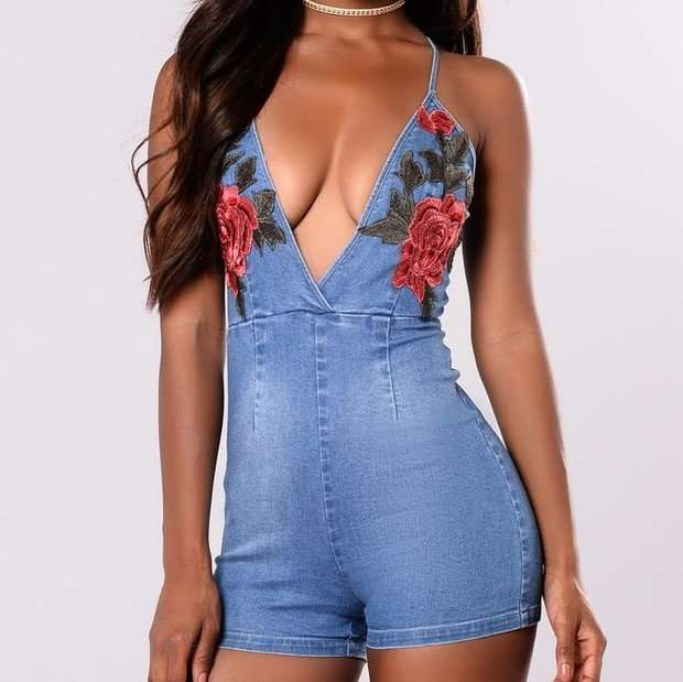 PLAYSUITS/ROMPERS/LADIES ROMPER/SEXY EMBROIDERED SPAGHETTI STRAPS BACKLESS DEEP V-NECK DENIM ROMPER