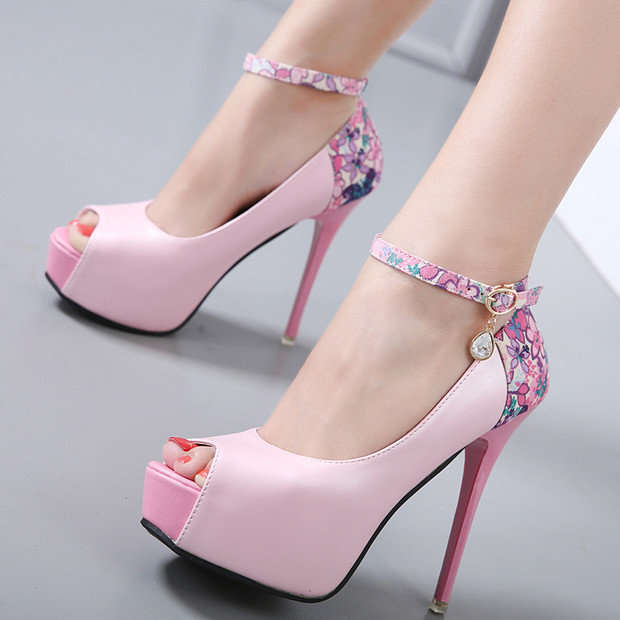 Pink Floral Peep Toe Stiletto Pump Shoes