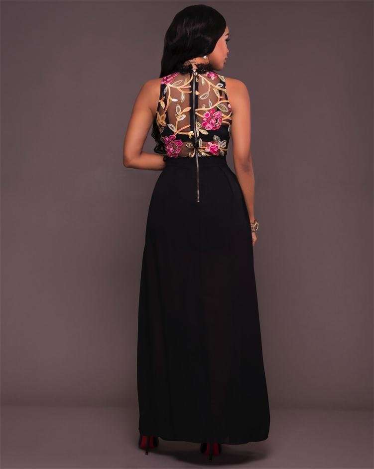 MAXI DRESS/WOMENS MAXI ROMPER/BLACK FLORAL EMBROIDERED MAXI ROMPER DRESS