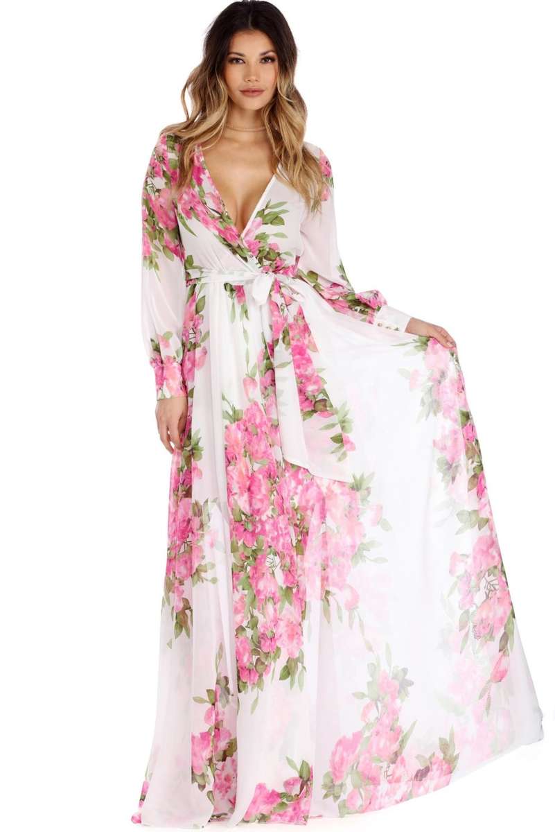 MAXI DRESSES/WOMENS MAXI DRESS/WHITE CHIFFON BOHO LONG SLEEVE MAXI DRESS