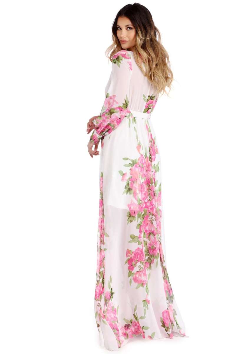 MAXI DRESSES/WOMENS MAXI DRESS/WHITE CHIFFON BOHO LONG SLEEVE MAXI DRESS