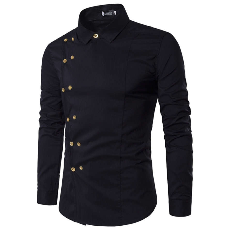 SHIRTS/MENS SHIRTS/LONG SLEEVE SHIRTS/FORMAL SHIRTS/BLACK DOUBLE BREASTED TURNDOWN COLLAR MENS SHIRT