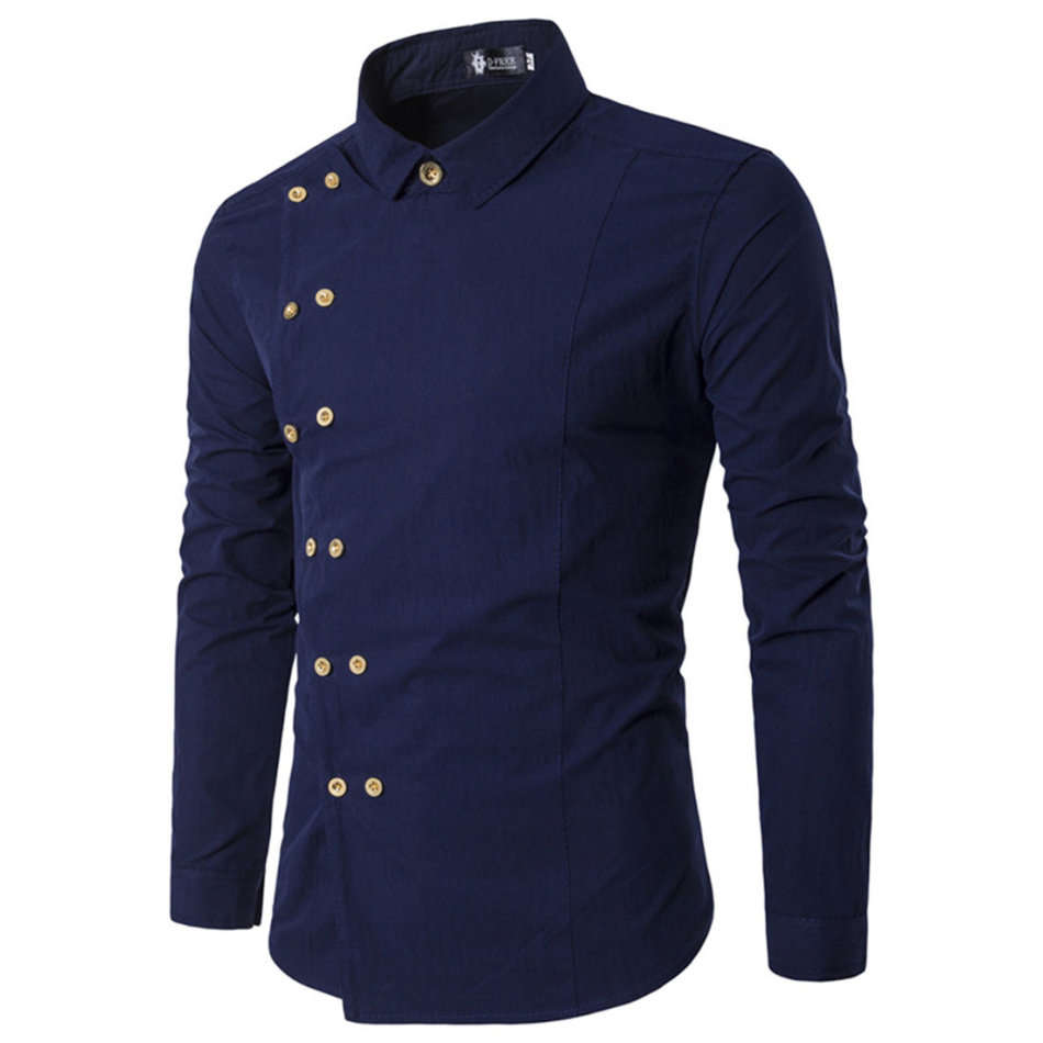 SHIRTS/MENS SHIRTS/LONG SLEEVE SHIRTS/FORMAL SHIRTS/NAVY DOUBLE BREASTED TURNDOWN COLLAR MENS SHIRT