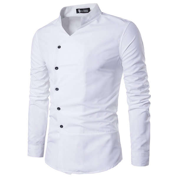 SHIRTS/MENS SHIRTS/LONG SLEEVE SHIRTS/FORMAL SHIRTS/WHITE SINGLE BREASTED STAND COLLAR MENS SHIRT