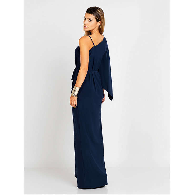 EVENING DRESSES/EVENING DRESS/WOMEN'S SEXY DARK-BLUE V NECK OFF SHOULDER LONG SLEEVE MAXI DRESS