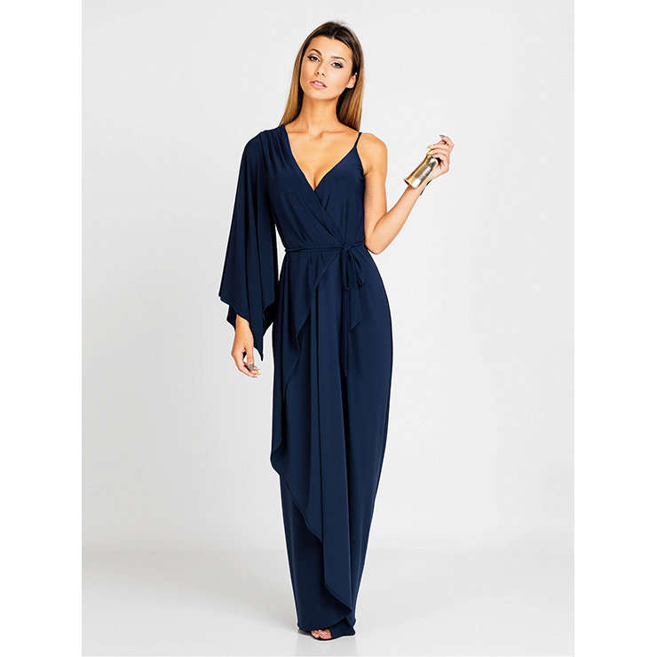 EVENING DRESSES/EVENING DRESS/WOMEN'S SEXY DARK-BLUE V NECK OFF SHOULDER LONG SLEEVE MAXI DRESS