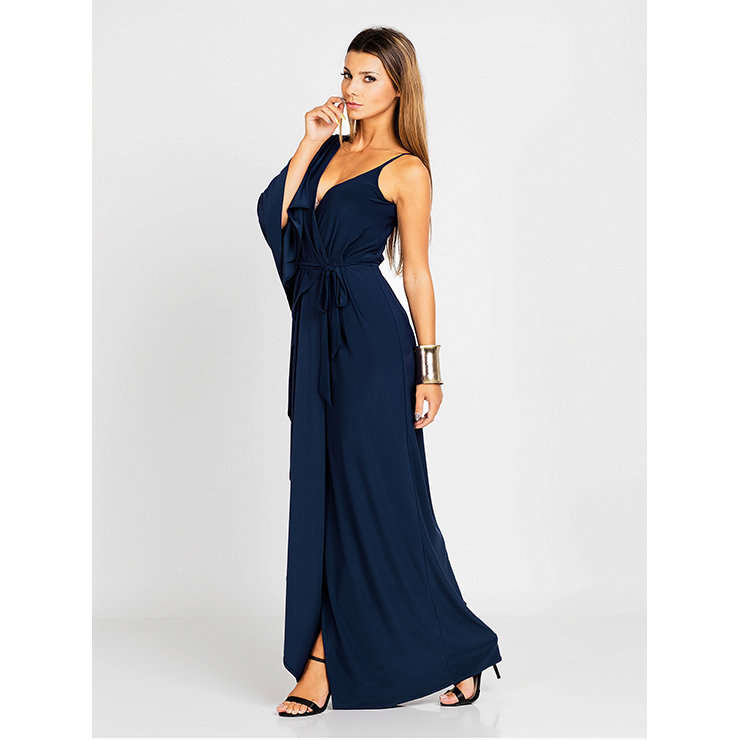 EVENING DRESSES/EVENING DRESS/WOMEN'S SEXY DARK-BLUE V NECK OFF SHOULDER LONG SLEEVE MAXI DRESS