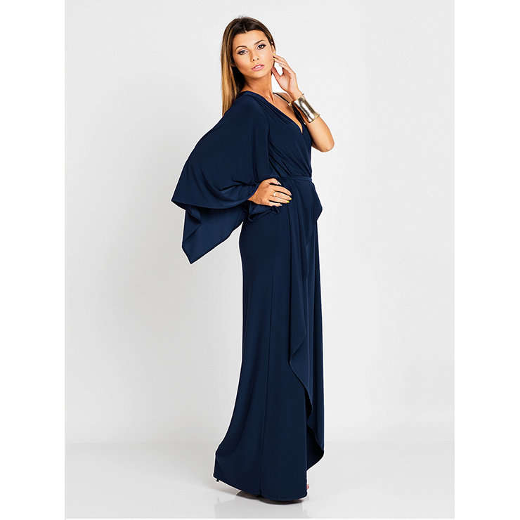 EVENING DRESSES/EVENING DRESS/WOMEN'S SEXY DARK-BLUE V NECK OFF SHOULDER LONG SLEEVE MAXI DRESS