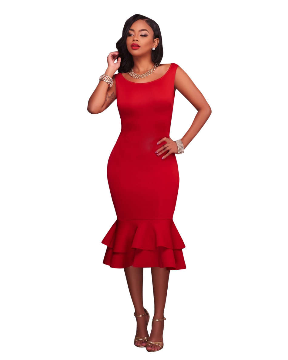 DRESS/WOMENS DRESSES/BODYCON DRESS/RUFFLE DRESS/RED DOUBLE RUFFLE SLEEVELESS MERMAID MIDI DRESS