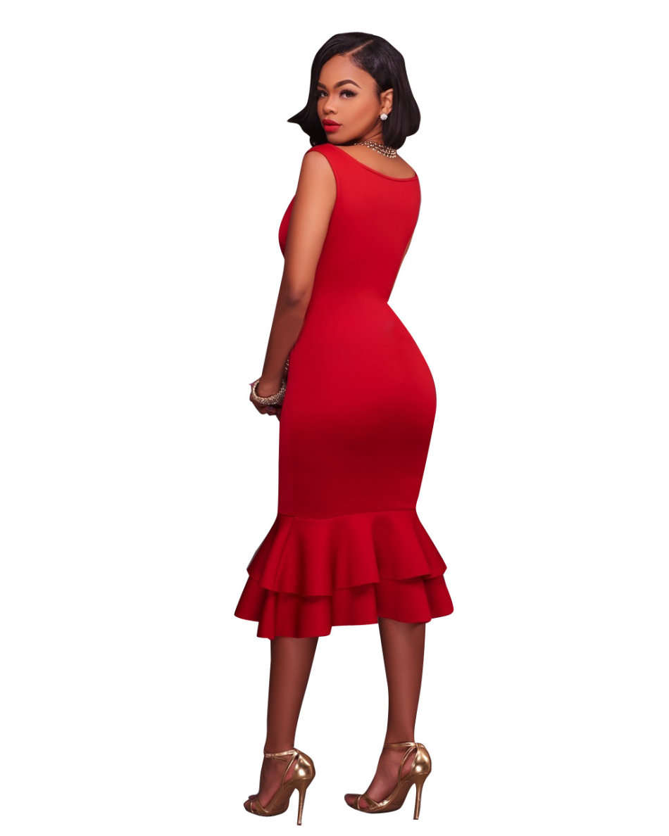 DRESS/WOMENS DRESSES/BODYCON DRESS/RUFFLE DRESS/RED DOUBLE RUFFLE SLEEVELESS MERMAID MIDI DRESS