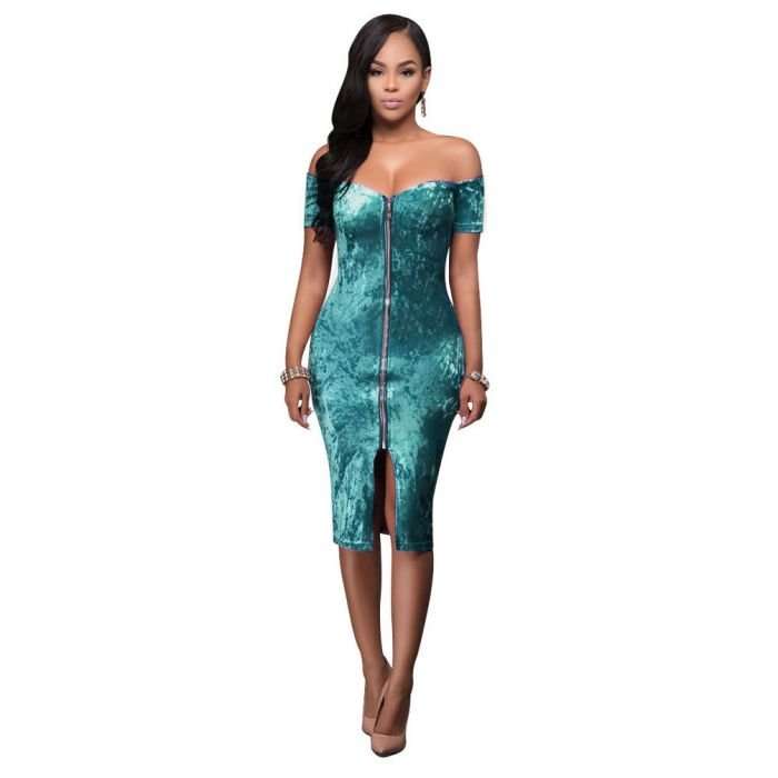DRESSES/DRESS/MIDI DRESS/BODYCON DRESS/TEAL SNOWFLAKE VELVET OFF SHOULDER ZIPPER FRONT MIDI DRESS