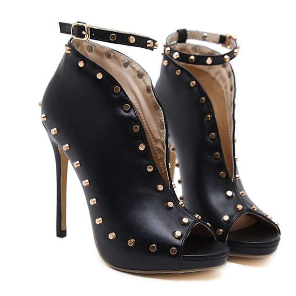 Black Rivet Decor Sexy Ankle Strap Peep Toe Ankle Boots Pumps High Heels Shoes