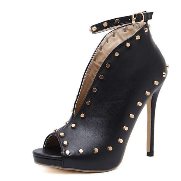 Black Rivet Decor Sexy Ankle Strap Peep Toe Ankle Boots Pumps High Heels Shoes
