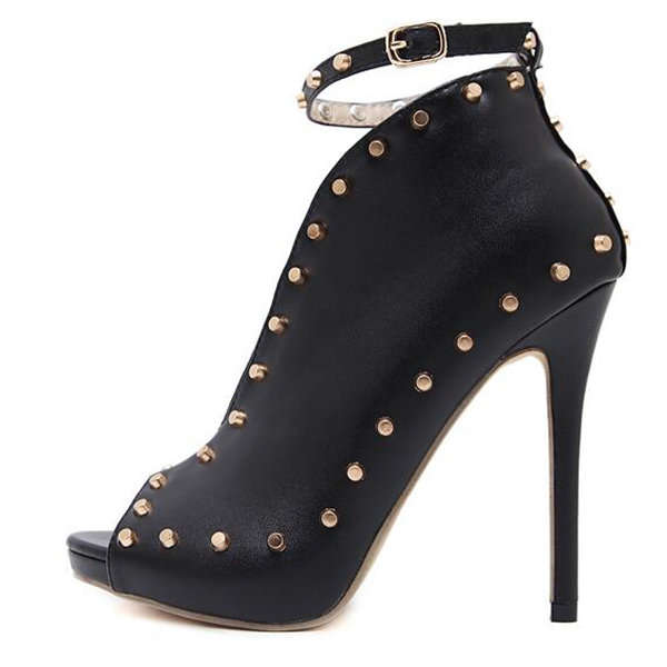 Black Rivet Decor Sexy Ankle Strap Peep Toe Ankle Boots Pumps High Heels Shoes