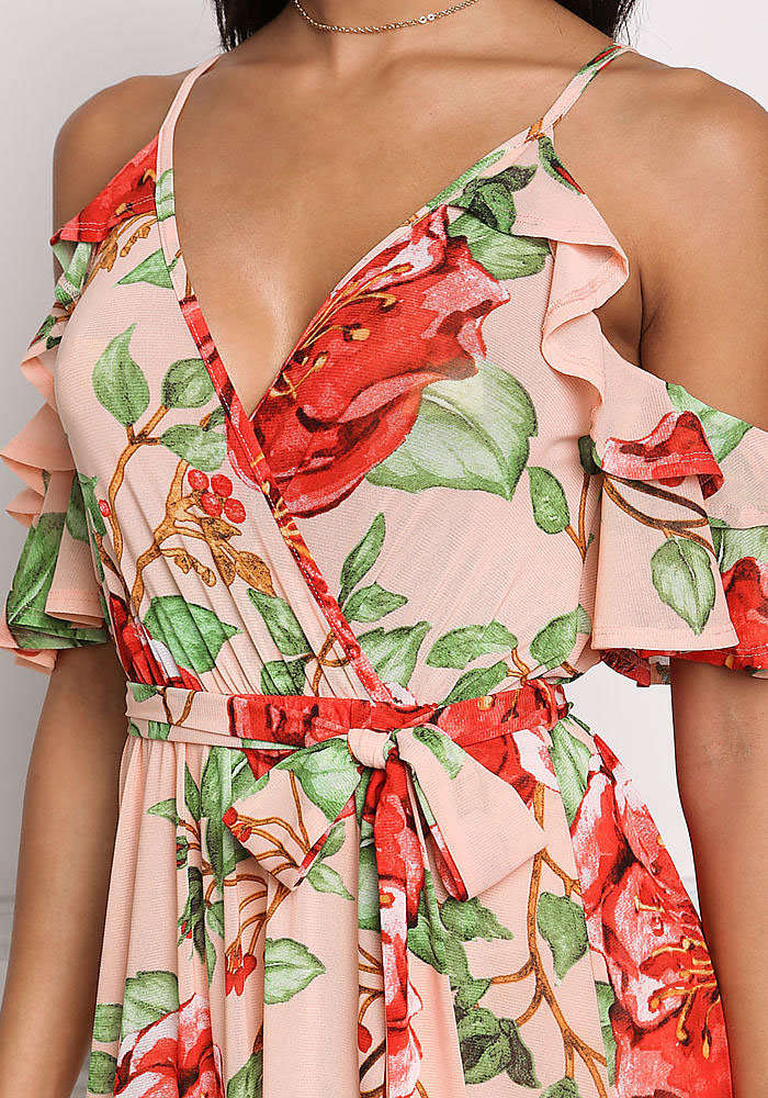 DRESSES/DRESS/MAXI DRESSES/PINK MAXI DRESS/FLORAL MAXI DRESS/RUFFLE DRESS/COLD SHOULDER MAXI DRESS