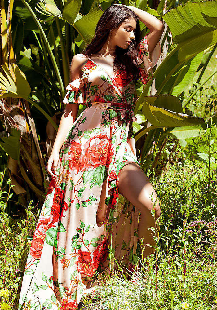 DRESSES/DRESS/MAXI DRESSES/PINK MAXI DRESS/FLORAL MAXI DRESS/RUFFLE DRESS/COLD SHOULDER MAXI DRESS