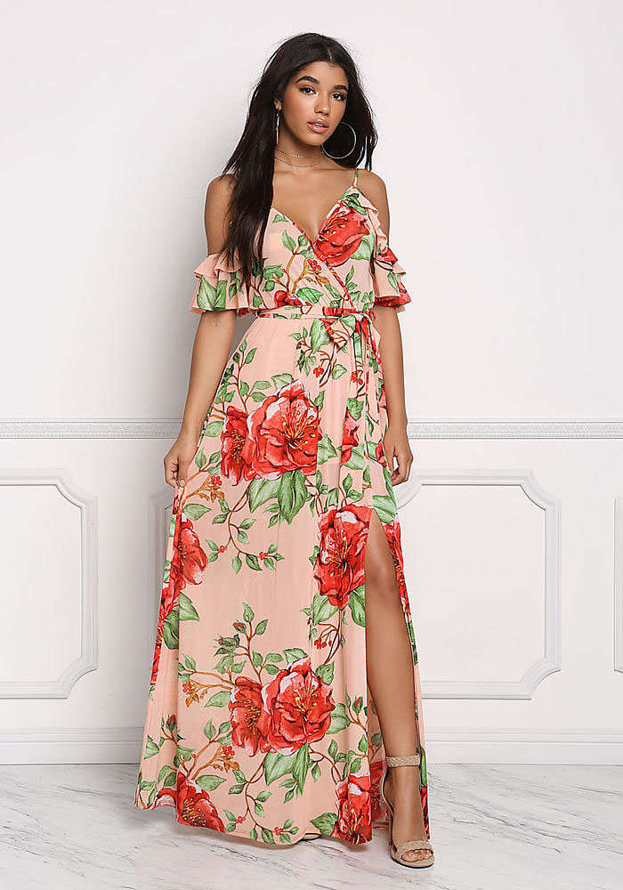 DRESSES/DRESS/MAXI DRESSES/PINK MAXI DRESS/FLORAL MAXI DRESS/RUFFLE DRESS/COLD SHOULDER MAXI DRESS