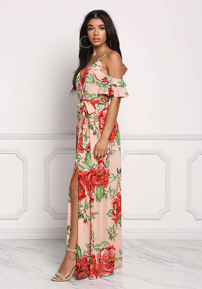 DRESSES/DRESS/MAXI DRESSES/PINK MAXI DRESS/FLORAL MAXI DRESS/RUFFLE DRESS/COLD SHOULDER MAXI DRESS