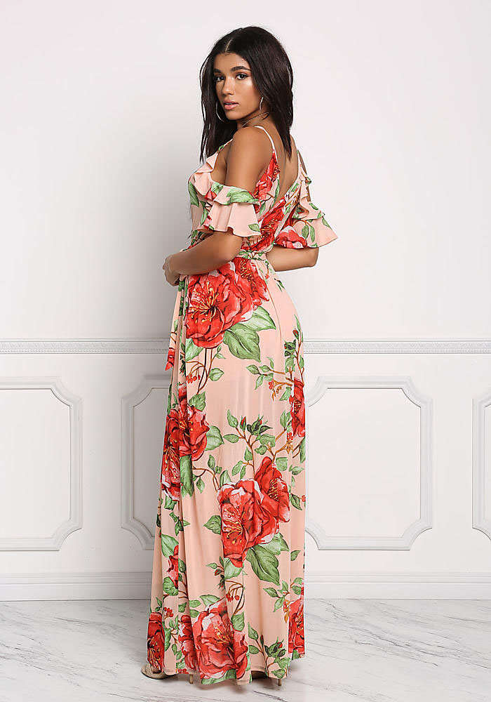 DRESSES/DRESS/MAXI DRESSES/PINK MAXI DRESS/FLORAL MAXI DRESS/RUFFLE DRESS/COLD SHOULDER MAXI DRESS