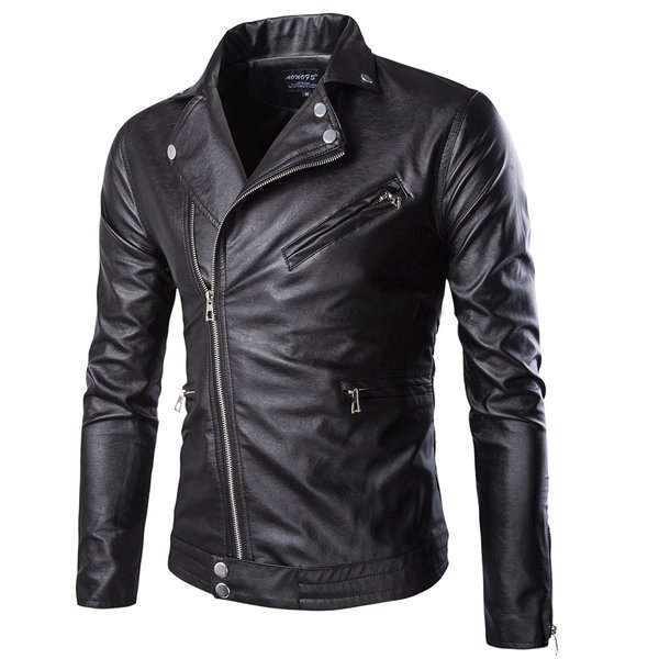 JACKETS/MENS JACKET/BLACK SNAP BUTTONED LONG SLEEVE SOLID COLOR ZIPPERED FAUX LEATHER JACKET FOR MEN
