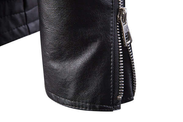 JACKETS/MENS JACKET/BLACK SNAP BUTTONED LONG SLEEVE SOLID COLOR ZIPPERED FAUX LEATHER JACKET FOR MEN