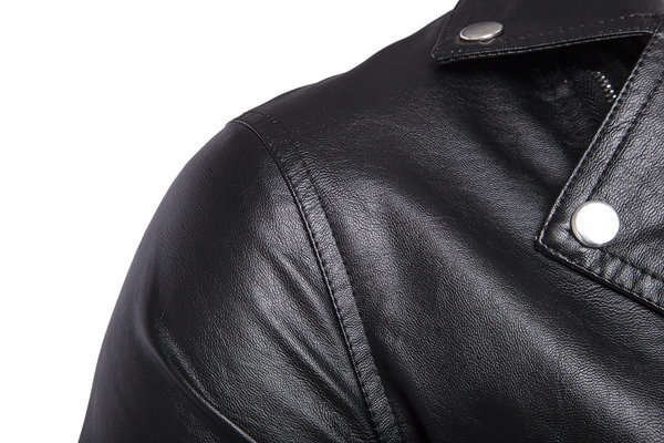 JACKETS/MENS JACKET/BLACK SNAP BUTTONED LONG SLEEVE SOLID COLOR ZIPPERED FAUX LEATHER JACKET FOR MEN