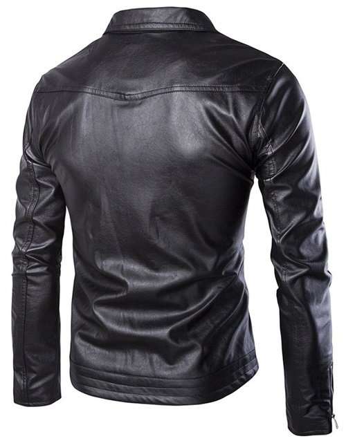 JACKETS/MENS JACKET/BLACK SNAP BUTTONED LONG SLEEVE SOLID COLOR ZIPPERED FAUX LEATHER JACKET FOR MEN