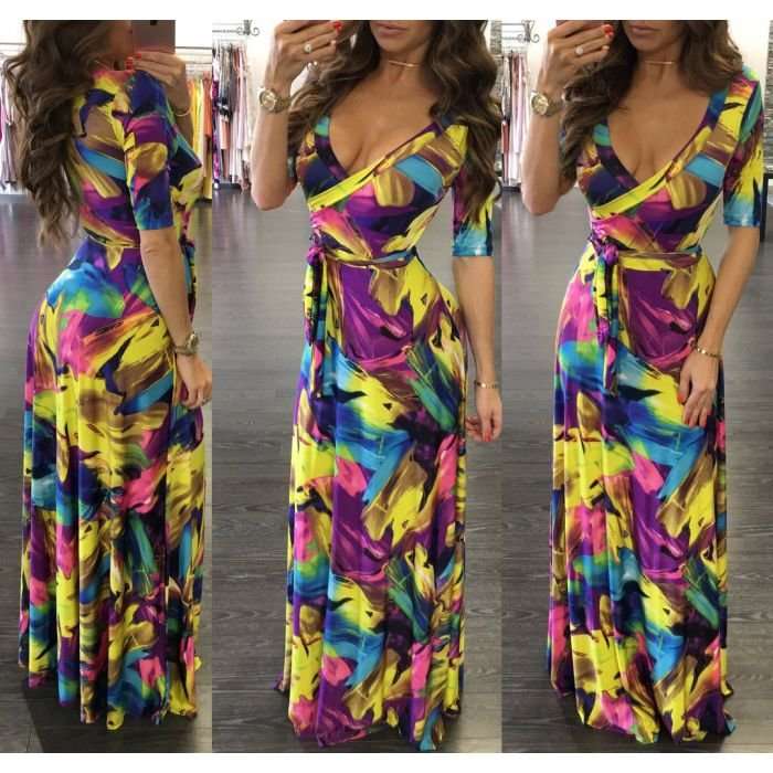 DRESSES/DRESS/MAXI DRESS/MULTICOLOR PRINT 3/4 SLEEVE BELTED MAXI DRESS