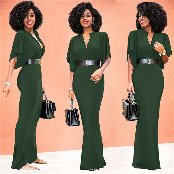 DRESSES/DRESS/MAXI DRESS/ELEGANT ARMY GREEN BUTTERFLY SLEEVE MAXI DRESS