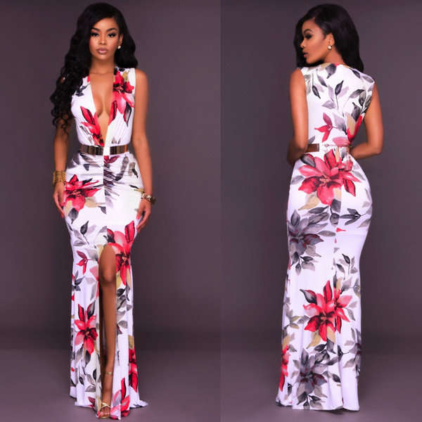 DRESSES/DRESS/MAXI DRESS/WHITE FLORAL PRINT FRONT SLIT RUCHED MAXI EVENING DRESS