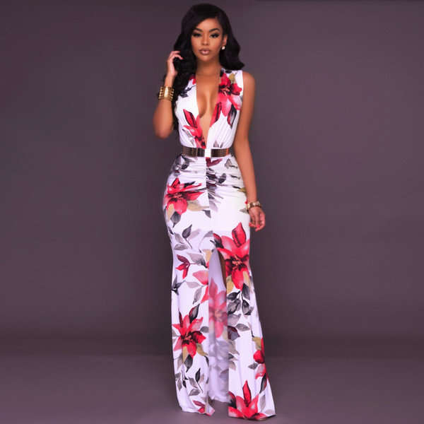 DRESSES/DRESS/MAXI DRESS/WHITE FLORAL PRINT FRONT SLIT RUCHED MAXI EVENING DRESS