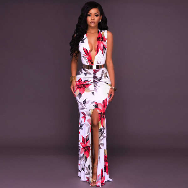 DRESSES/DRESS/MAXI DRESS/WHITE FLORAL PRINT FRONT SLIT RUCHED MAXI EVENING DRESS