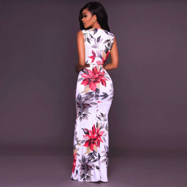 DRESSES/DRESS/MAXI DRESS/WHITE FLORAL PRINT FRONT SLIT RUCHED MAXI EVENING DRESS