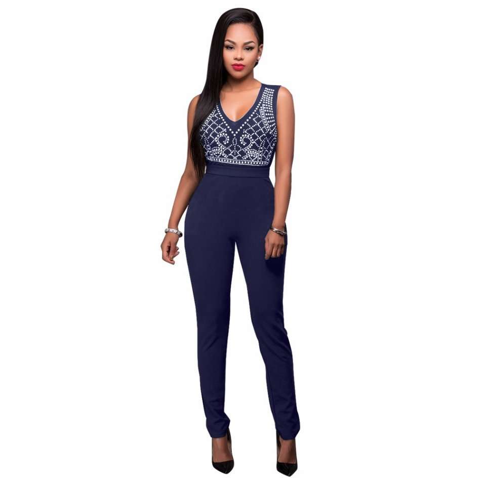 JUMPSUITS/JUMPSUIT/NAVY JUMPSUIT/SLEEVELESS JUMPSUIT/SEXY STUDDED MESH BODYCON EVENING JUMPSUIT