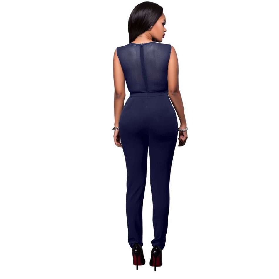 JUMPSUITS/JUMPSUIT/NAVY JUMPSUIT/SLEEVELESS JUMPSUIT/SEXY STUDDED MESH BODYCON EVENING JUMPSUIT
