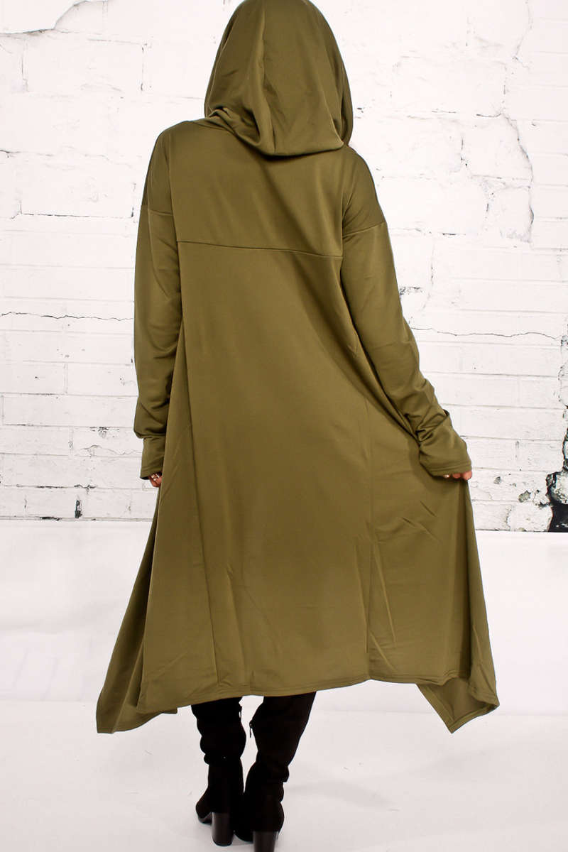 TOPS/GREEN TOPS/HOODED TOPS/LONG TOPS/ASYMMETRICAL TOPS/COWL NECK TOPS